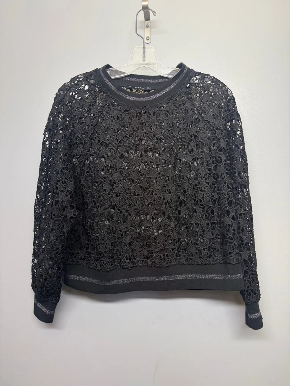 Zara Black Open Knit Lace Sheer Pullover with Metallic Detail - Picture 1 of 7